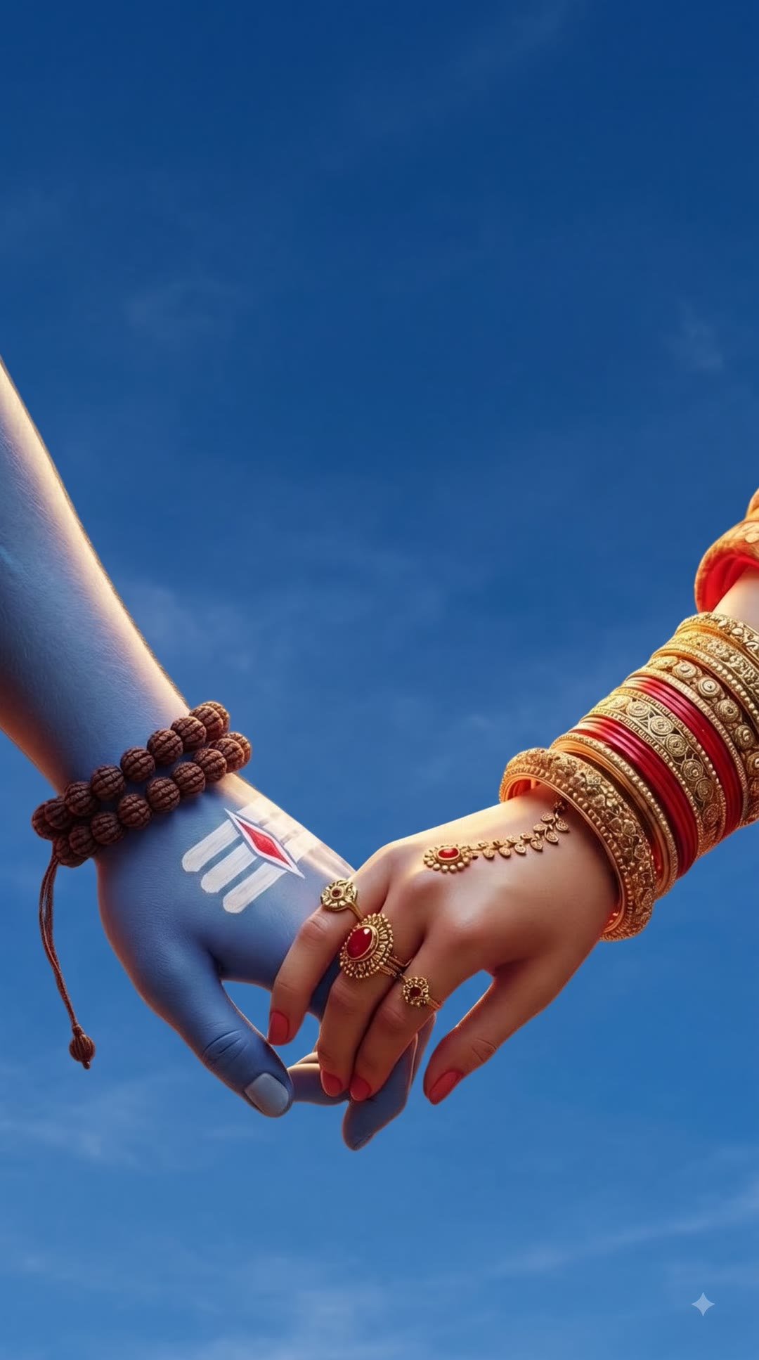 Shiv and Parvati joining hands against a blue sky